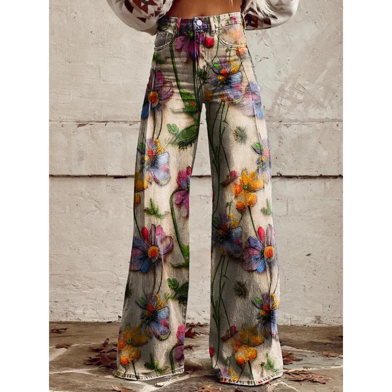 High Waist Western Cowboy Horse Print Wide Leg Pants