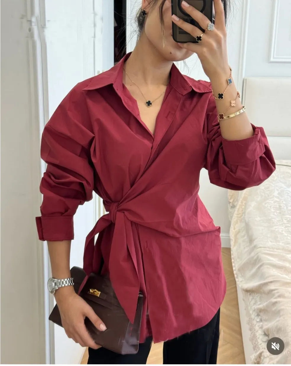 Waist Tie Wrap Slimming Button Down Shirt