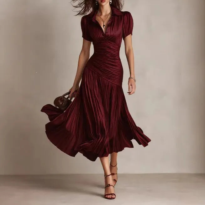 Lapel High Waist Pull Pleat A-Line Satin Midi Dress