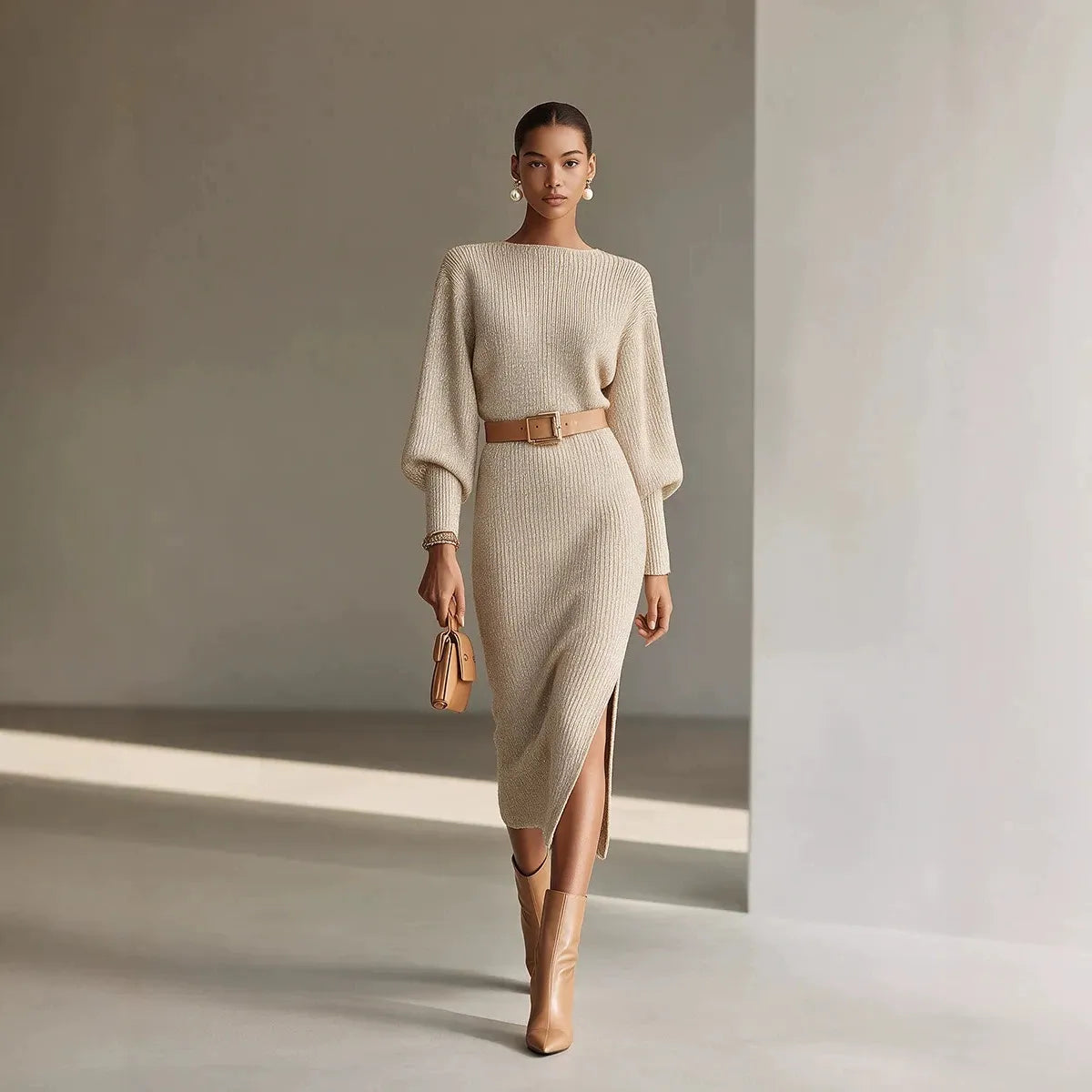 Boat Neck Batwing Sleeve Knit Midi Dress