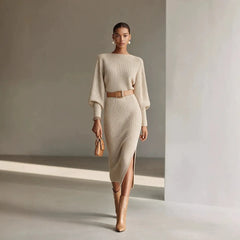 Boat Neck Batwing Sleeve Knit Midi Dress