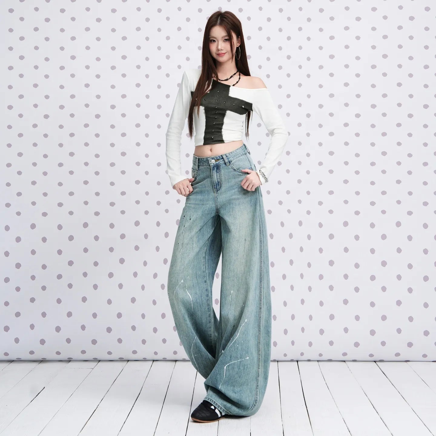 Ultra Low Waist Printed Wide Flare Denim Jeans