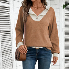 Contrast Collar Henley Knit Sweater