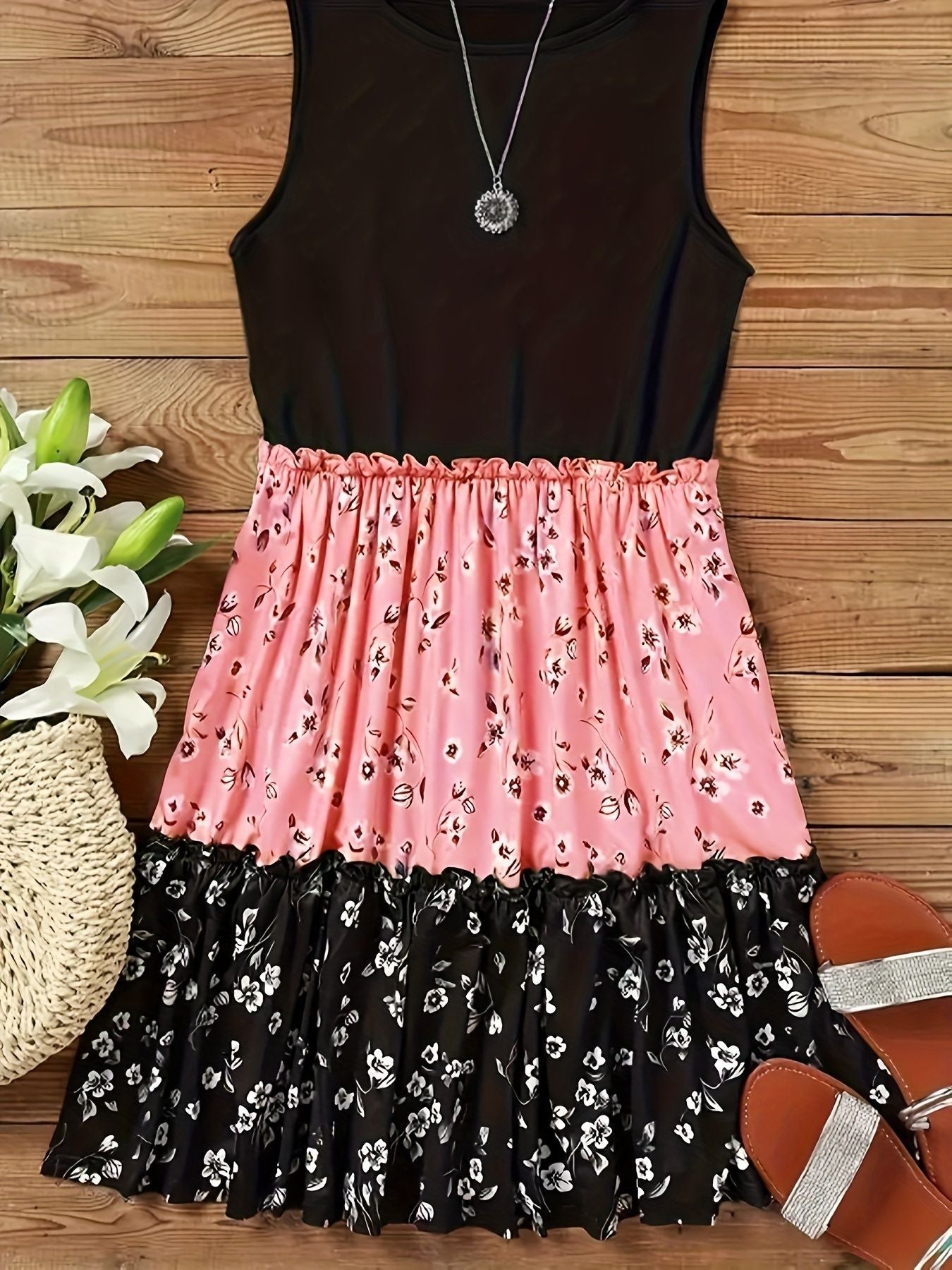 Crew Neck Sleeveless Color Block Floral Patchwork Ruffle Tiered Mini Dress