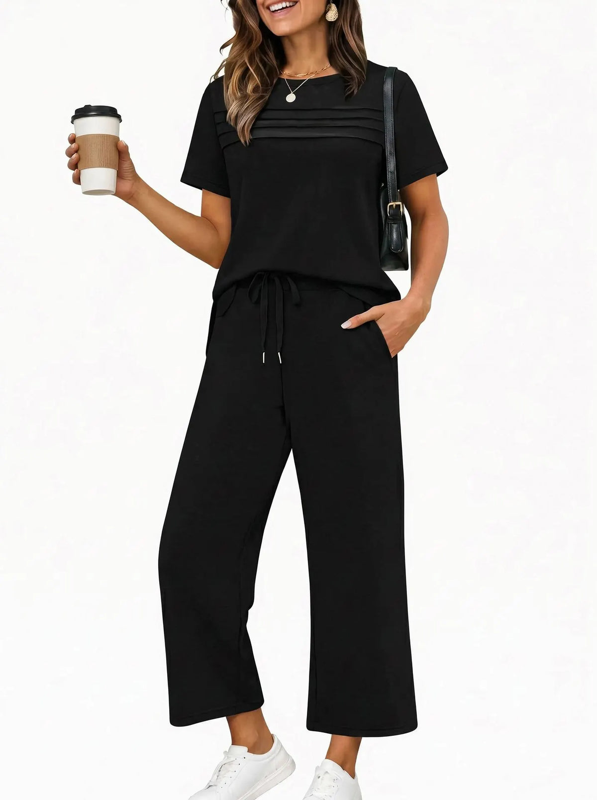 Solid Color Pleated Round Neck Short Sleeve Drawstring Nine-Point Pant Casua