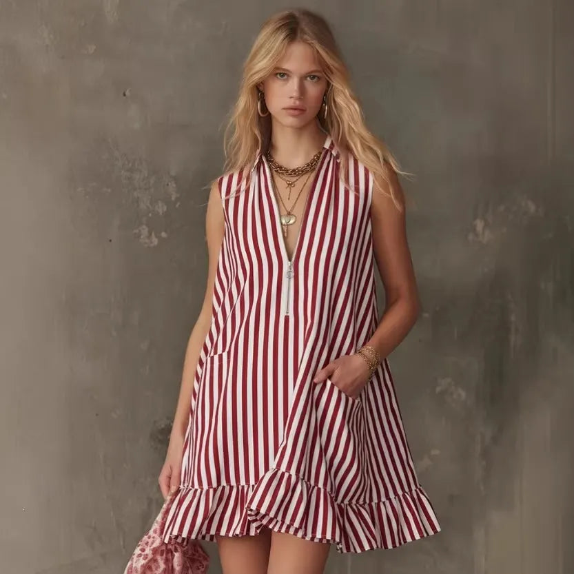V-Neck Sleeveless Striped Ruffle Hem Loose A-Line Mini Dress