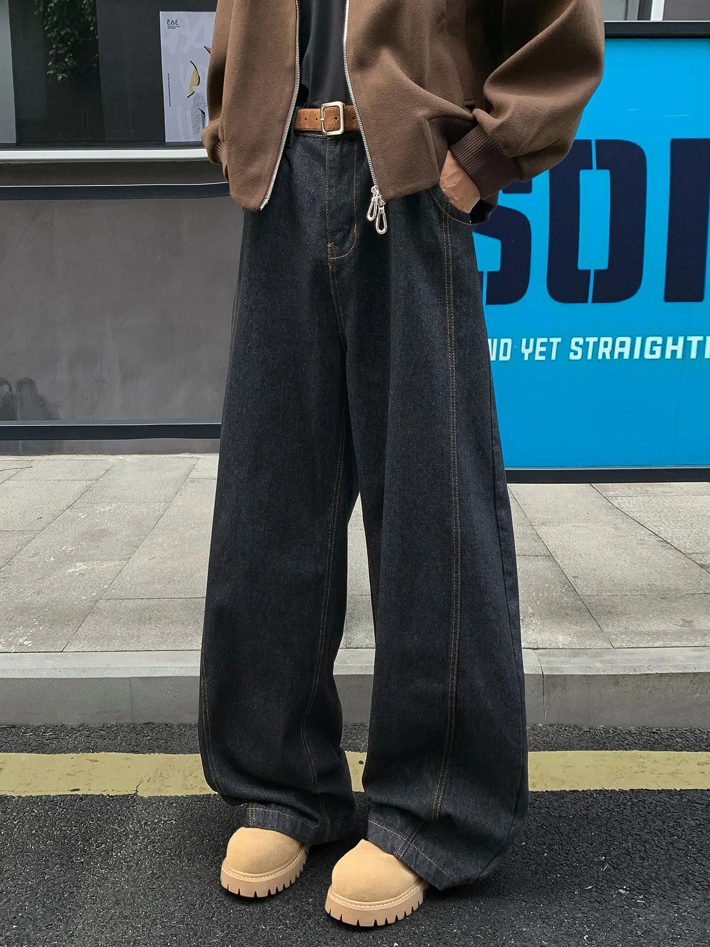 Men Mid Waist Vintage Washed Wide Leg Jeans