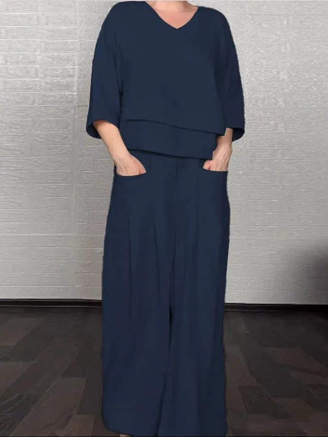 Loose V-Neck 2-Piece Outfit, Batwing Sleeve Top & Wide Leg Pants Set