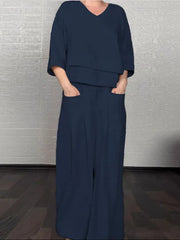 Loose V-Neck 2-Piece Outfit, Batwing Sleeve Top & Wide Leg Pants Set