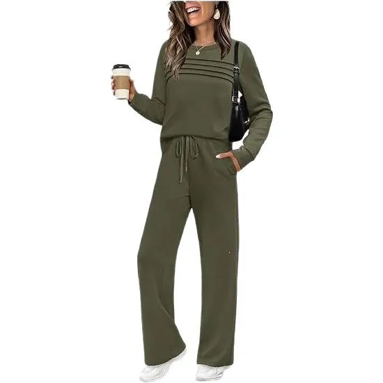 Dark Grey Pleated Detail Top & Drawstring Wide Leg Pants Two Piece Loungewear Set