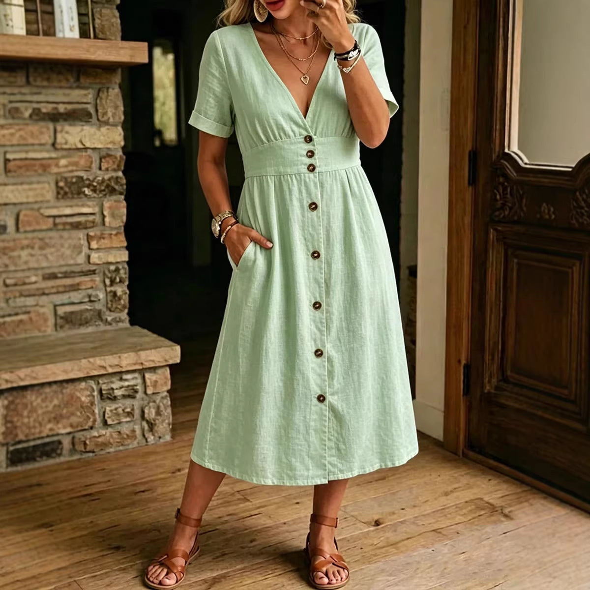 V-Neck Button Front Short Sleeve Midi Dress