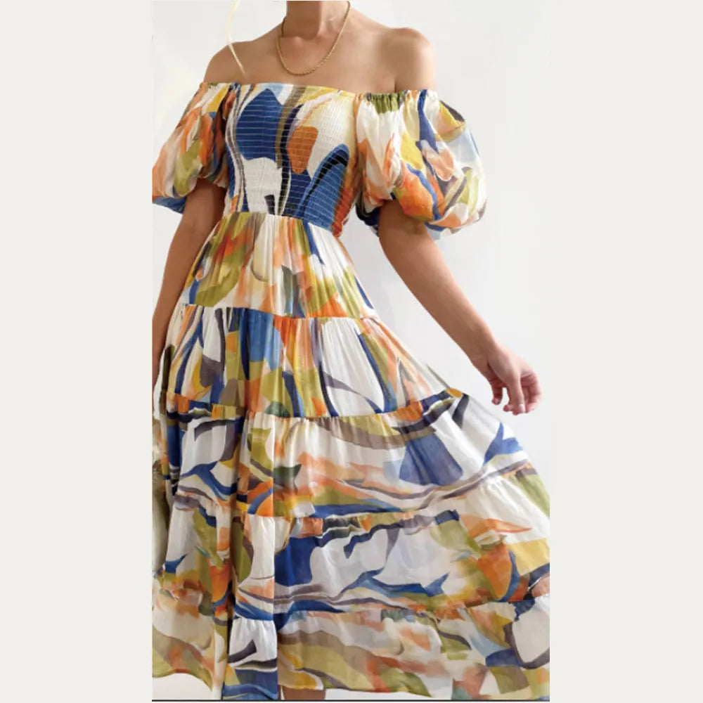 Abstract Print Off-Shoulder Maxi Dress