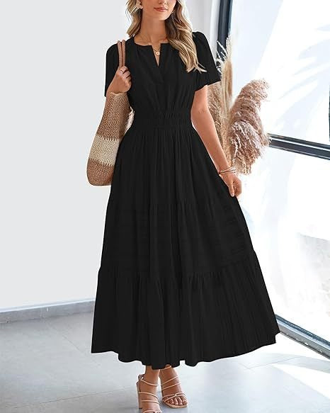 V-Neck Smocked Waist Tiered Maxi Dress