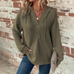Waffle Knit Hooded Top, V-Neck Button Front Oversized Sweatshirt for Fall