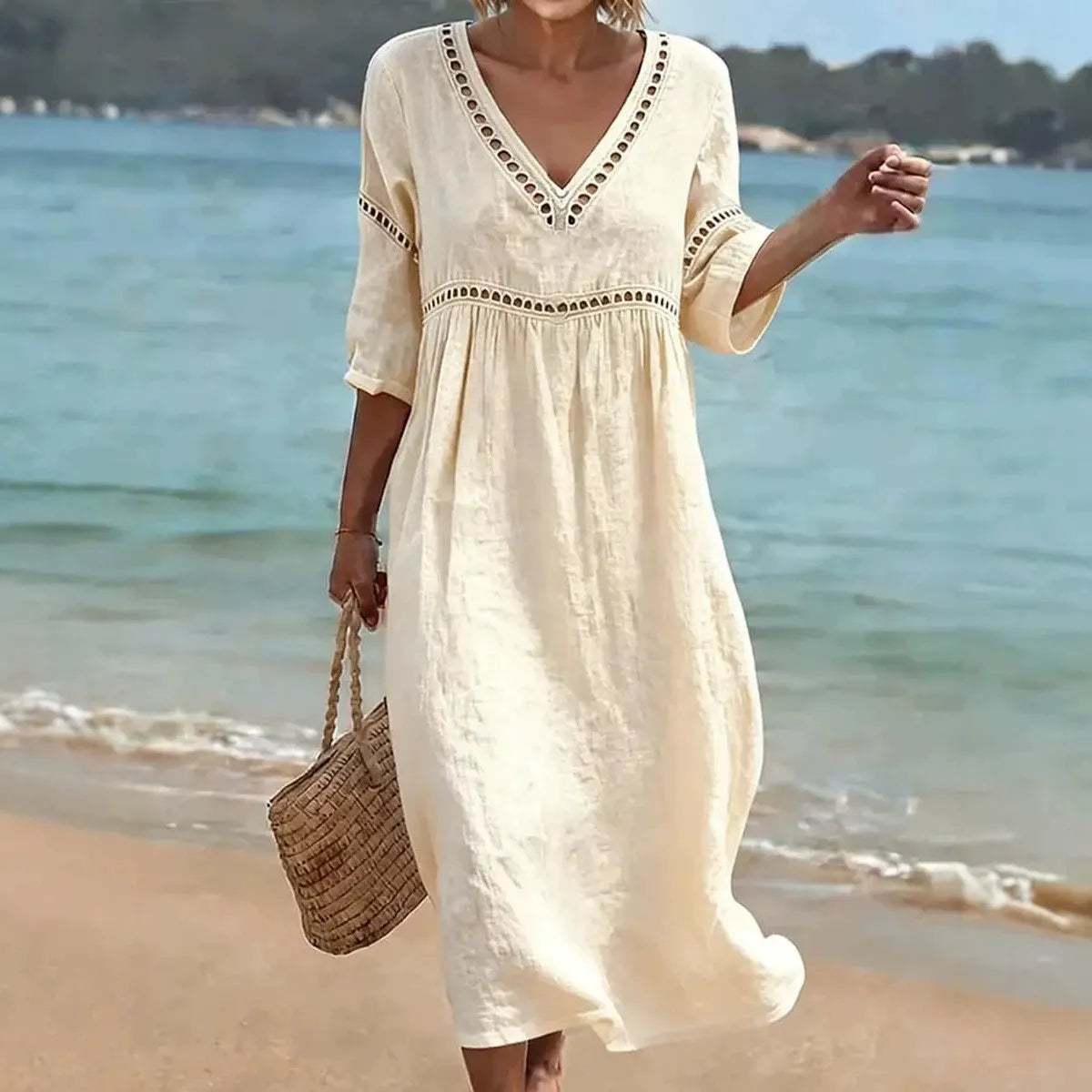 Deep V Neck Embroidery Trim Loose Cotton Linen Pull Pleat Maxi Dress