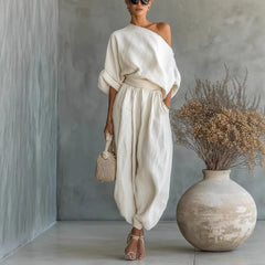 One-Shoulder Blouse & High-Waisted Harem Pants Set