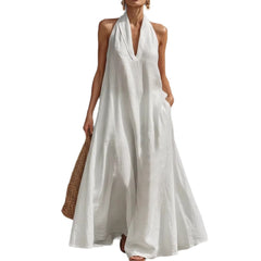 Solid Color Halter Neck A-Line Maxi Dress