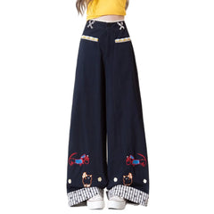 Printed Flare Work Pants | High Waist Cartoon Embroidery Washed Cotton Wide Flare Casual Trousers