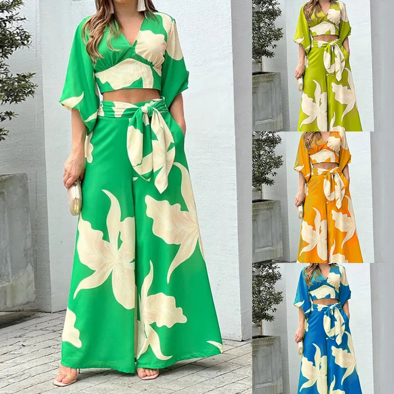 Floral Print V Neck Tie Crop Top & Wide Leg Pants Two Piece Set