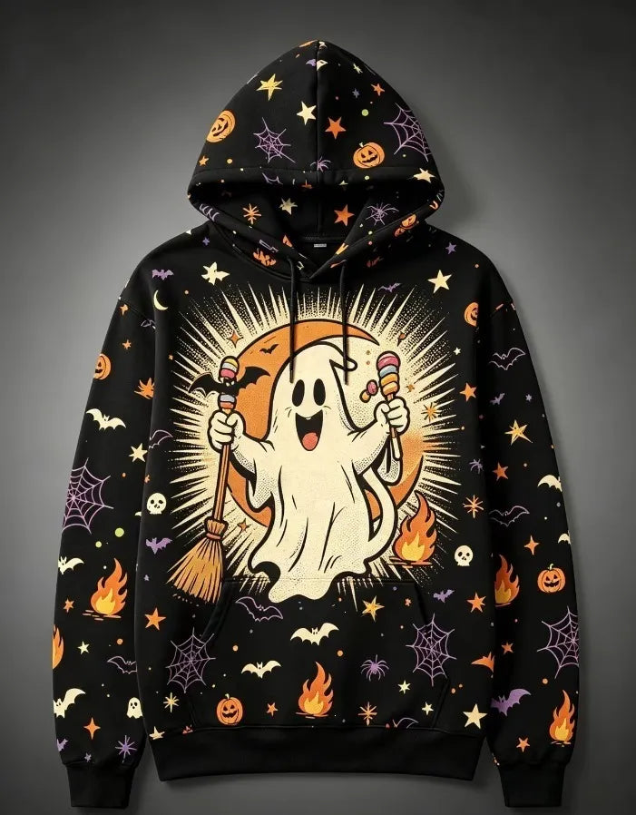 Halloween Black Cat Pumpkin Bat Moon Graphic Hoodie