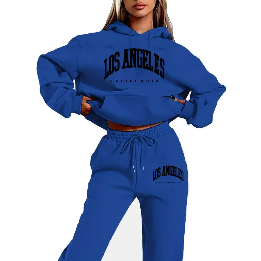 Los Angeles Letter Print Hoodie & Drawstring Sweatpants Two Piece Tracksuit