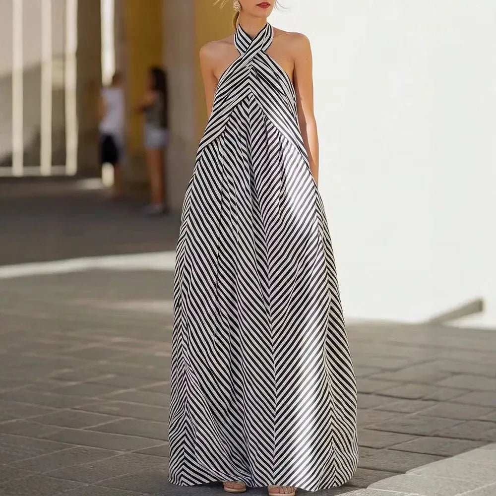 Striped Print Halter Backless Loose A-Line Floor-Length Maxi Dress