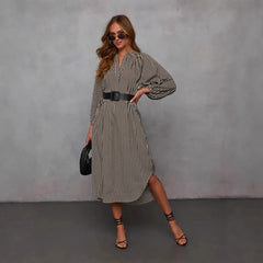 Stripe Balloon Sleeve Midi Shirt Dress With Belt