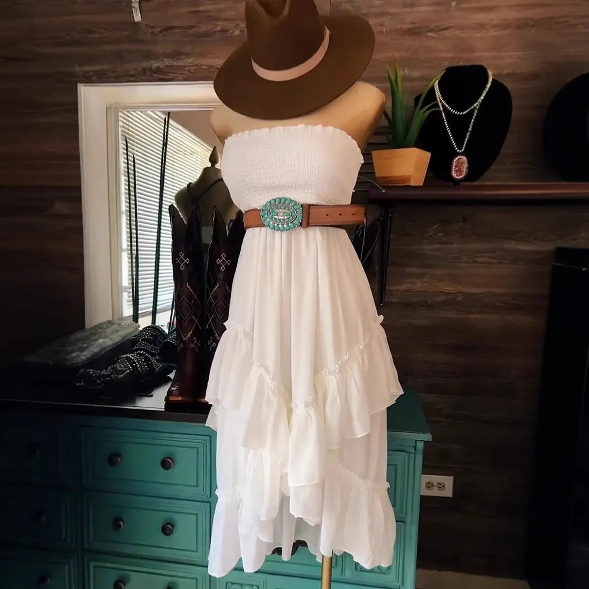 Strapless Tiered Ruffle Asymmetric White Boho Midi Dress