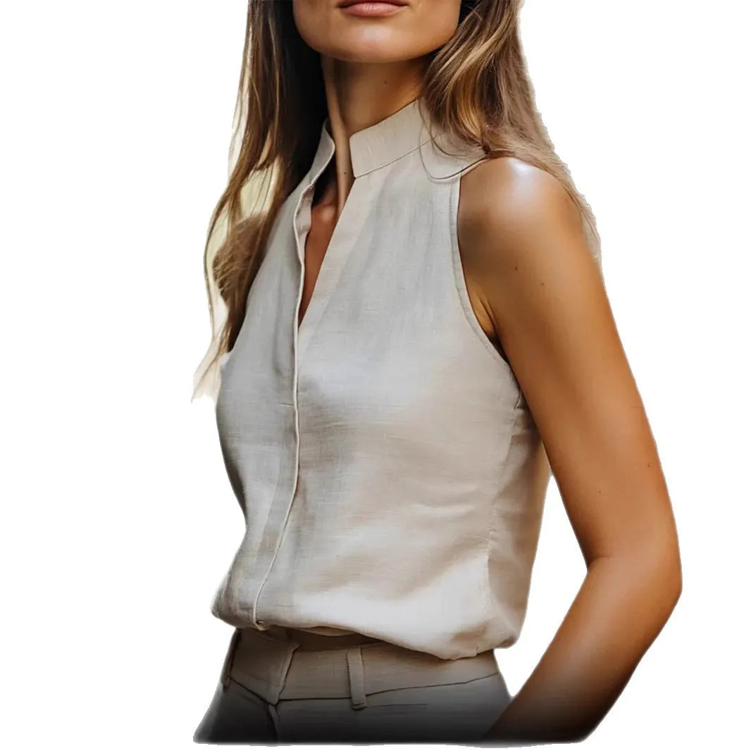 Stand Collar Sleeveless Linen Blouse