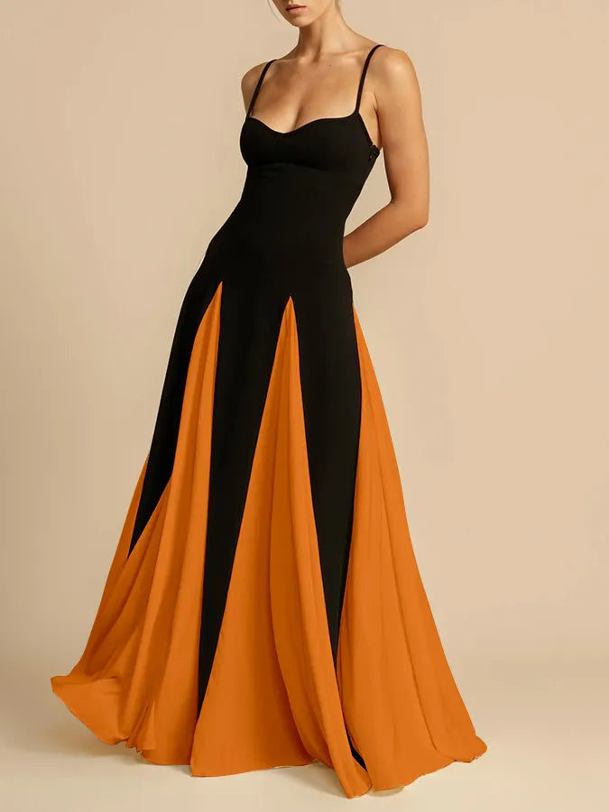 Black & White Contrast Spaghetti Strap High-Waisted A-Line Maxi Dress