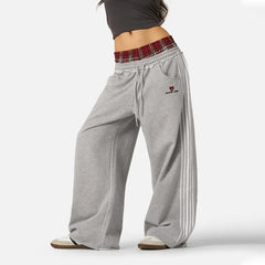 Plaid Waistband Stripe Wide Leg Grey Sweatpants
