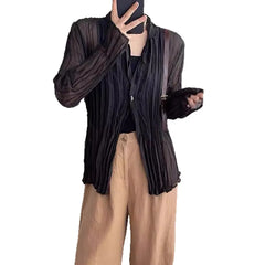 Semi Open Collar One Button Crinkled Pleated Loose Long Sleeve Shirt