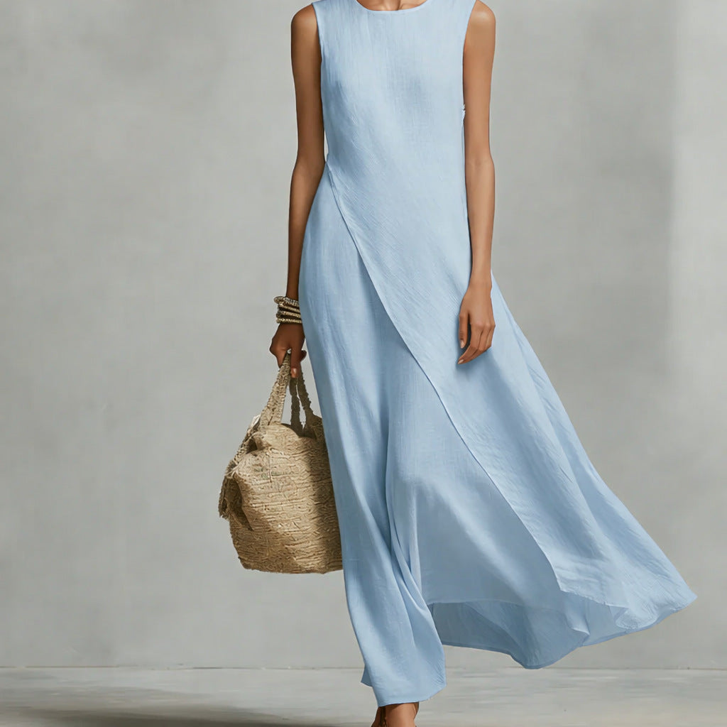Round Neck Wrap Overlay Sleeveless Linen Maxi Dress