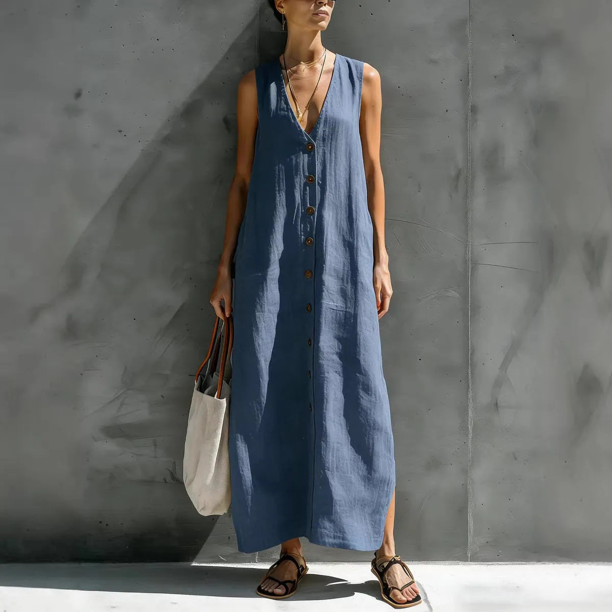 Solid V-Neck Sleeveless Button Front Casual Maxi Dress