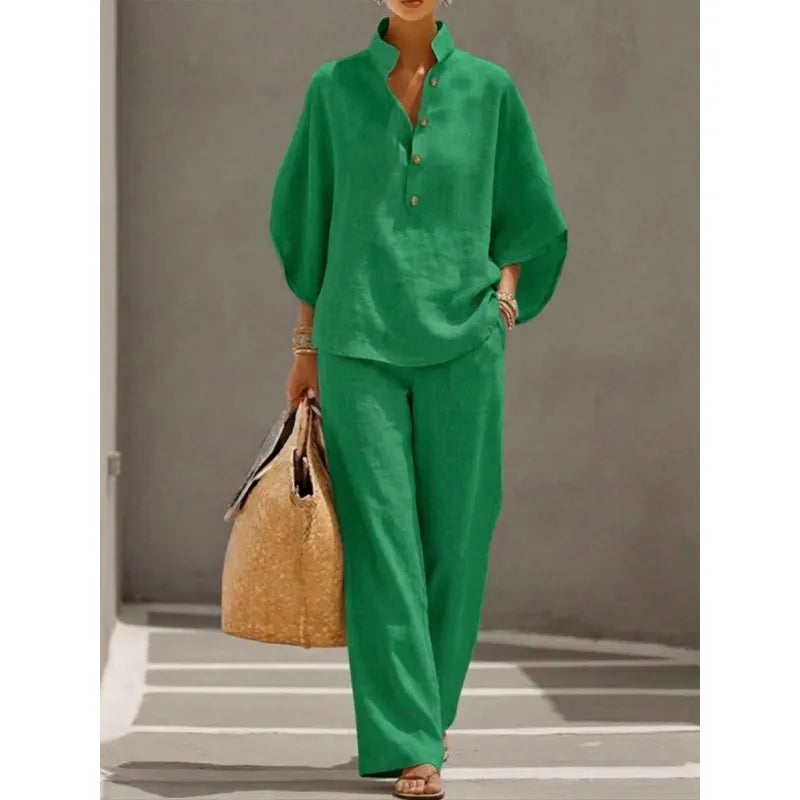 Solid Color Casual Two-Piece Shirt & Pants Set