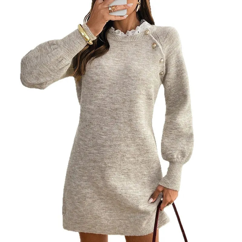 Button Detail Long Sleeve Knit Mini Dress