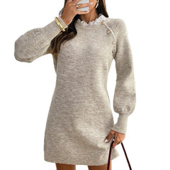 Button Detail Long Sleeve Knit Mini Dress
