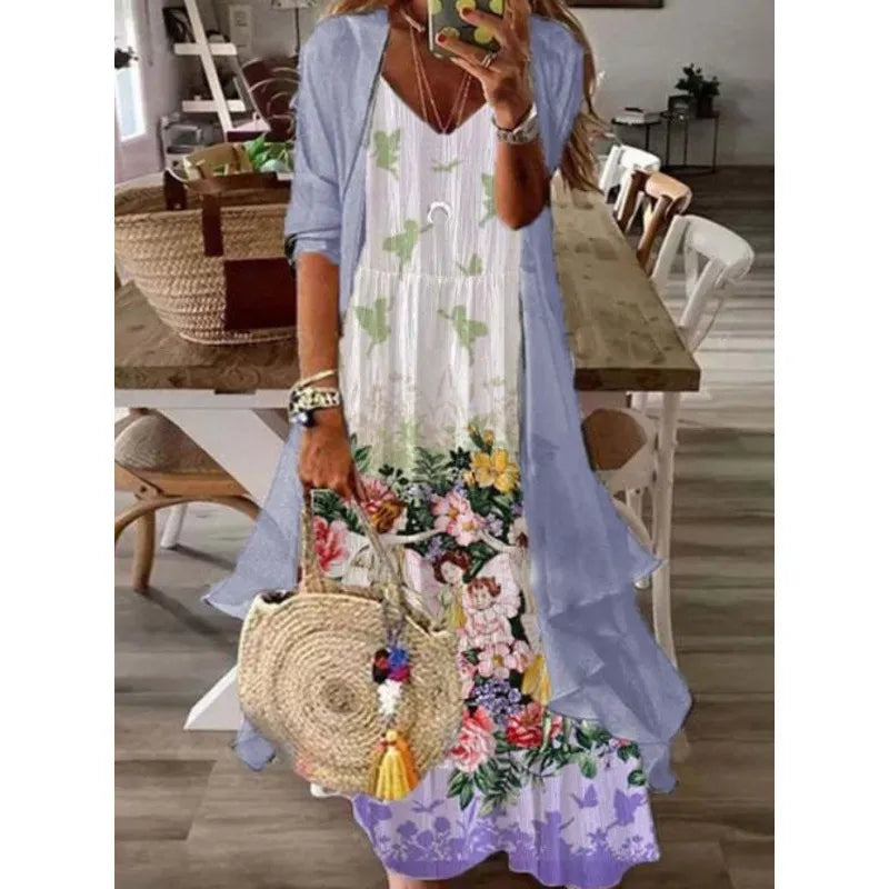Printed V Neck Cami Long Dress