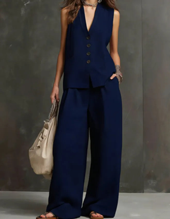 Linen-Blend Waistcoat & Wide-Leg Pants Set