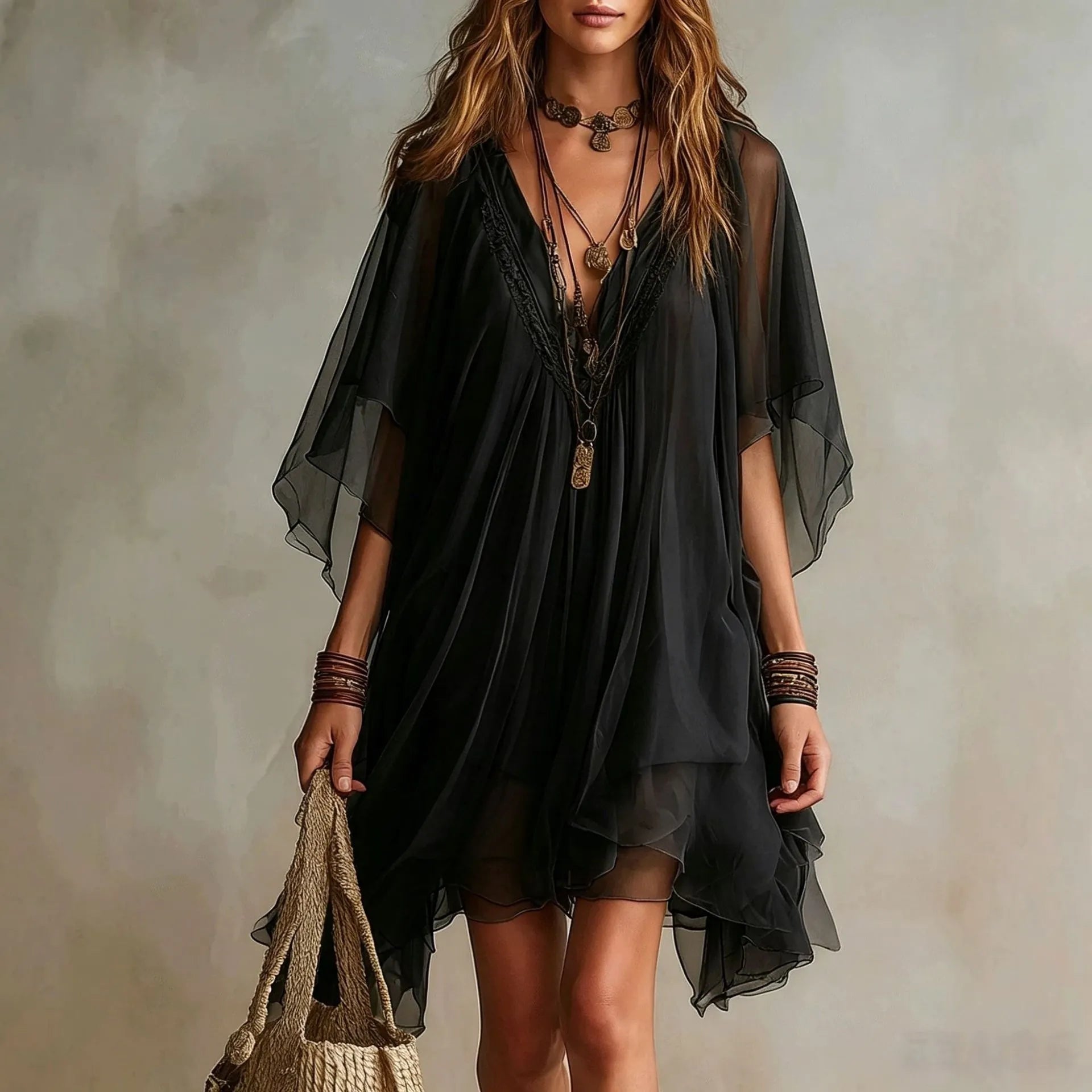 Deep V Neck Sheer Five-Quarter Sleeve Loose Irregular Hem Chiffon Mini Dress