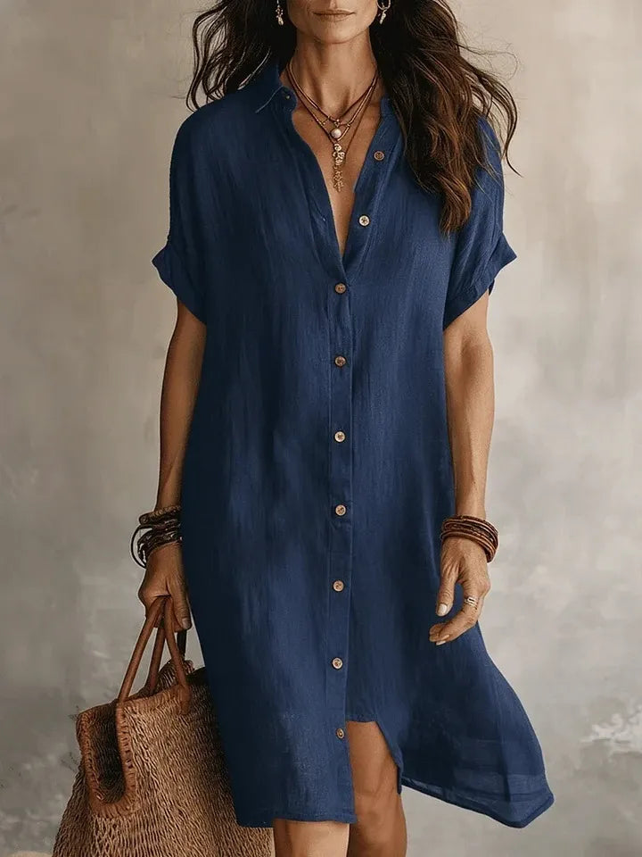 Lapel Cuff Sleeve Button Front Linen Shirt Midi Dress