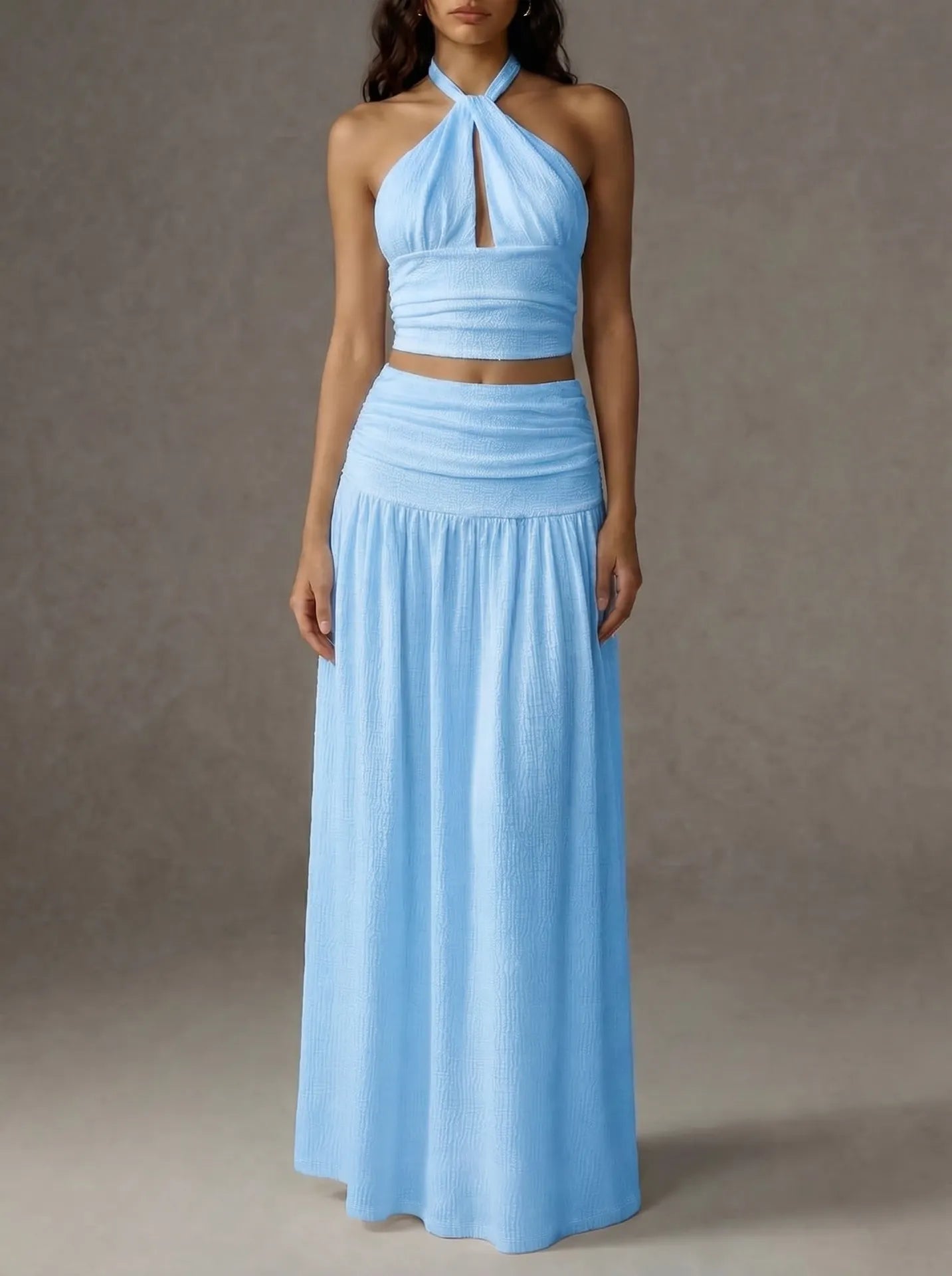 Halter Cutout Crop Top Maxi Skirt 2 Piece Outfit Textured Crinkle Matching Set