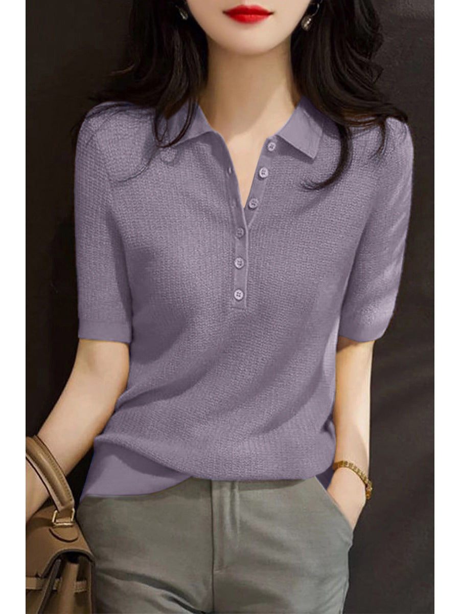 Knit Polo Shirt, Short Sleeve Button Down Casual Blouse