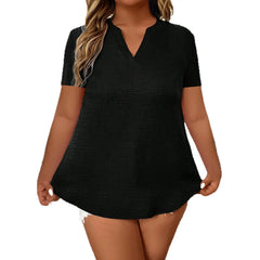 Notch V Neck Solid Textured Short Sleeve Curved Hem Loose Plus Size Tunic Top