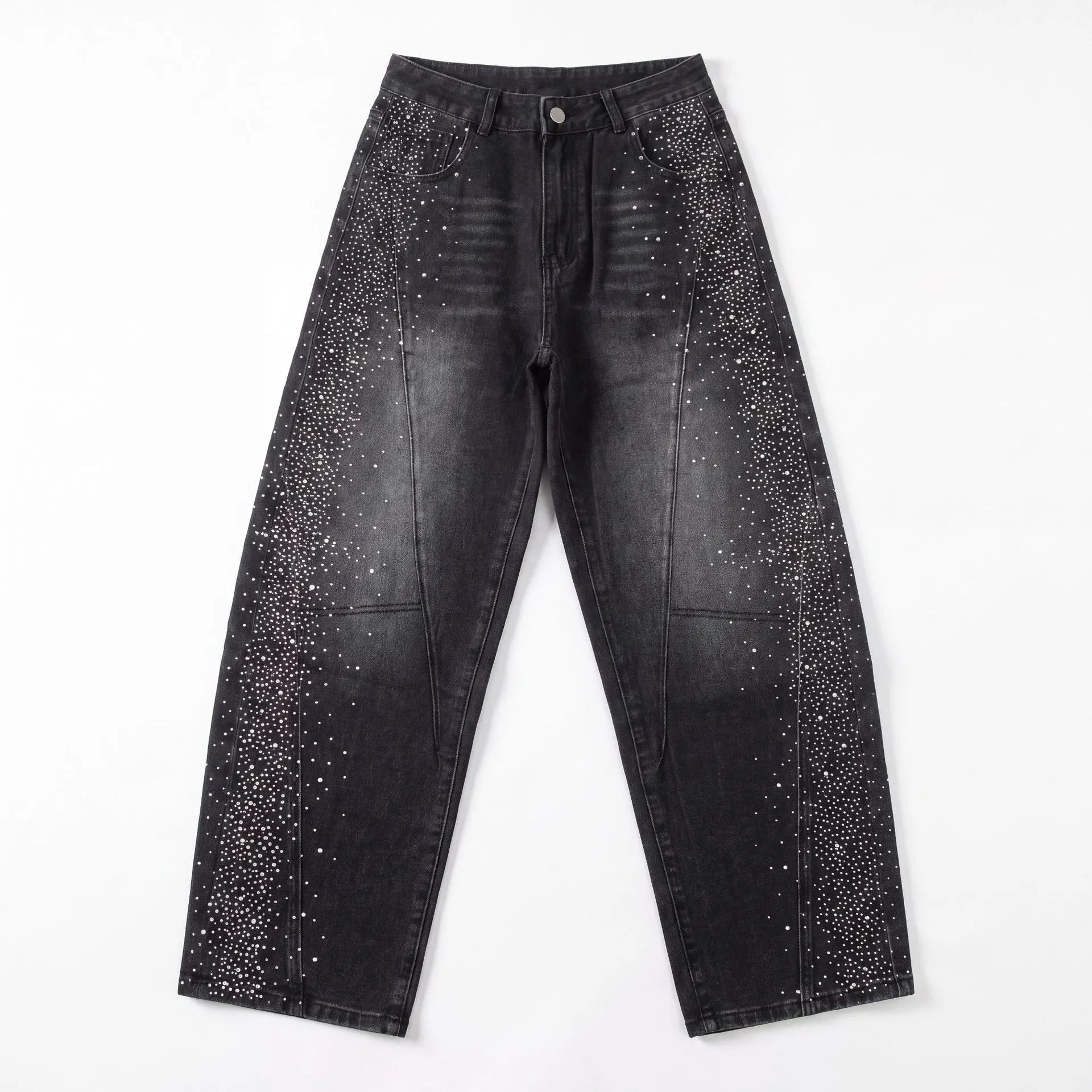 High Waist Rhinestone Spliced Loose Jeans