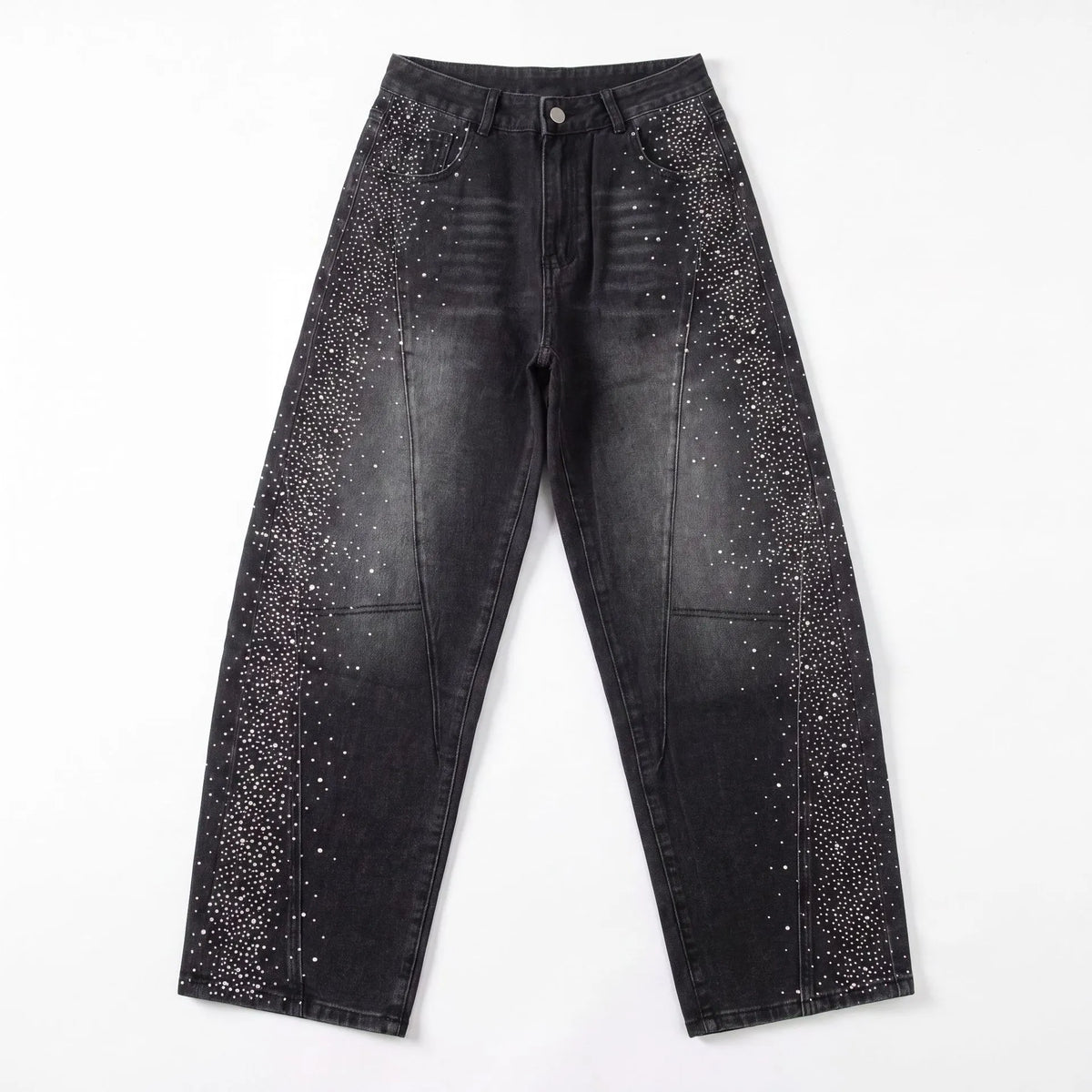 High Waist Rhinestone Spliced Loose Jeans