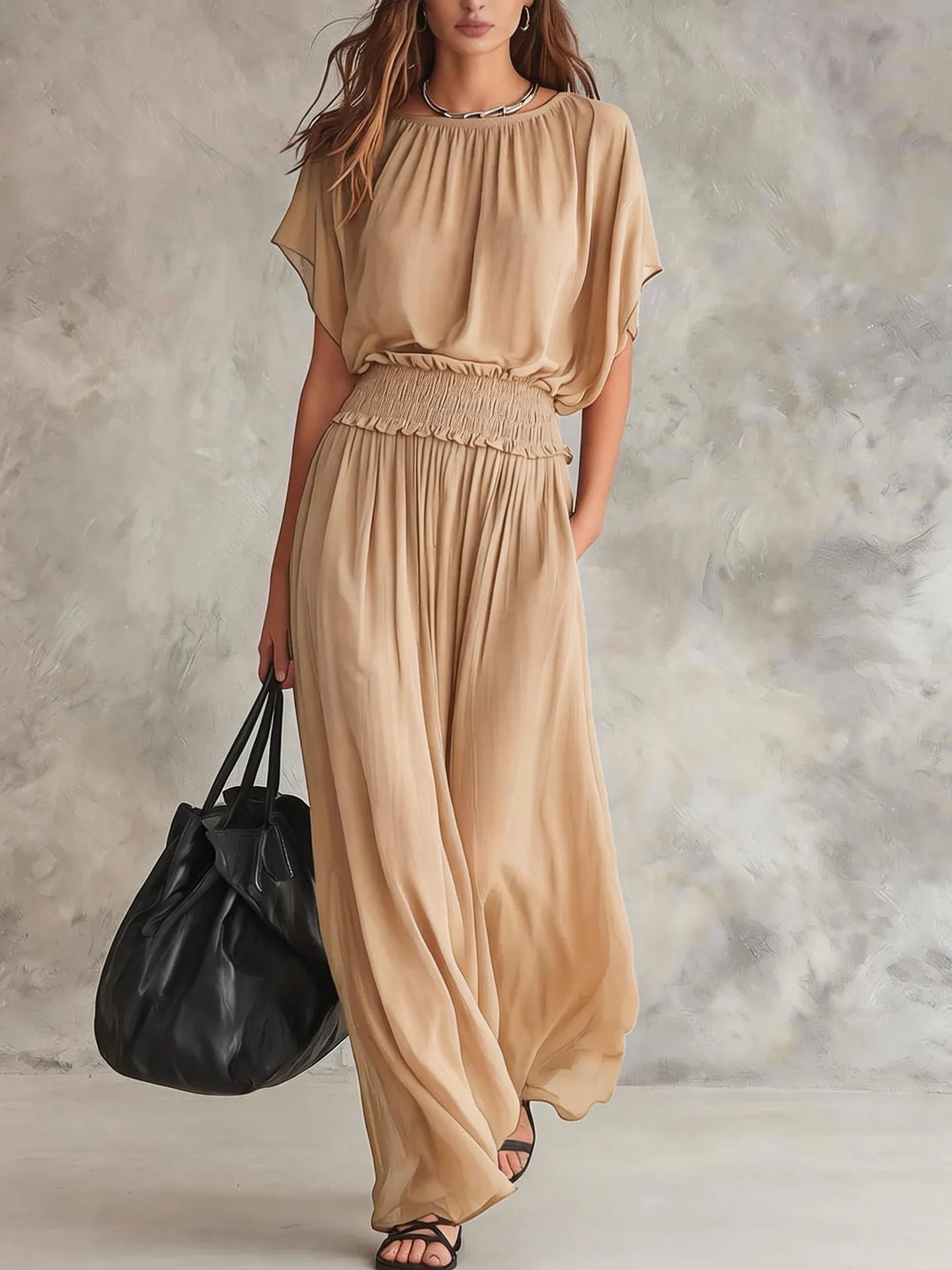 Army Green Batwing-Sleeve Smocked Waist Maxi Dress