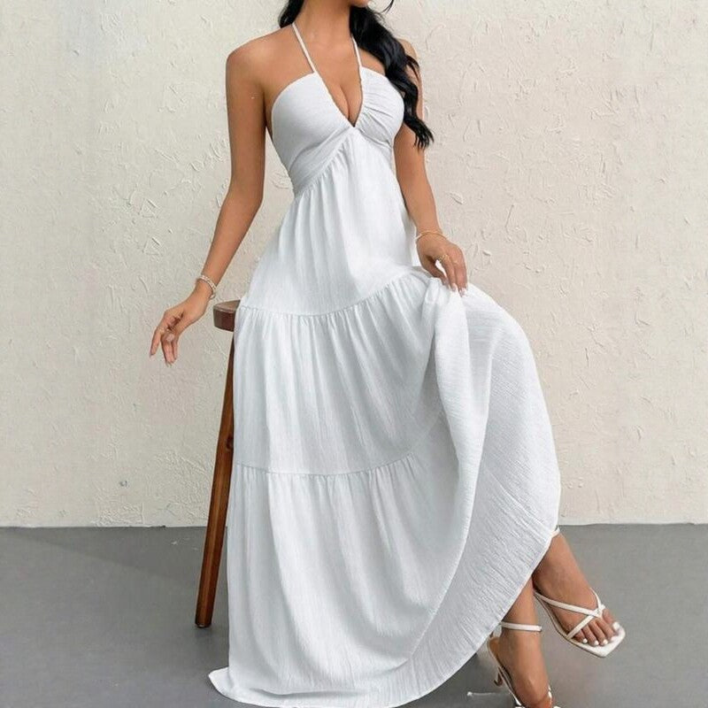 White Halter V-Neck Tiered Maxi Dress