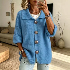 Lapel Collar Button Down Knit Cardigan, 3/4 Sleeve Loose Ribbed Knit Sweater Coat