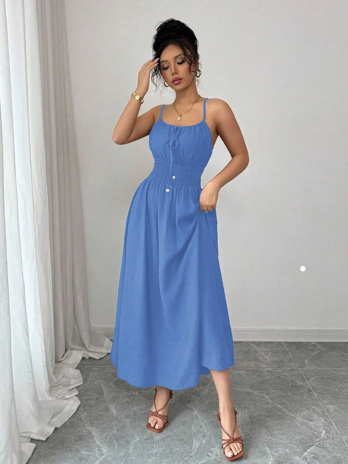 One-Shoulder Spaghetti Strap Smocked Elastic Waist Solid A-Line Maxi Dress